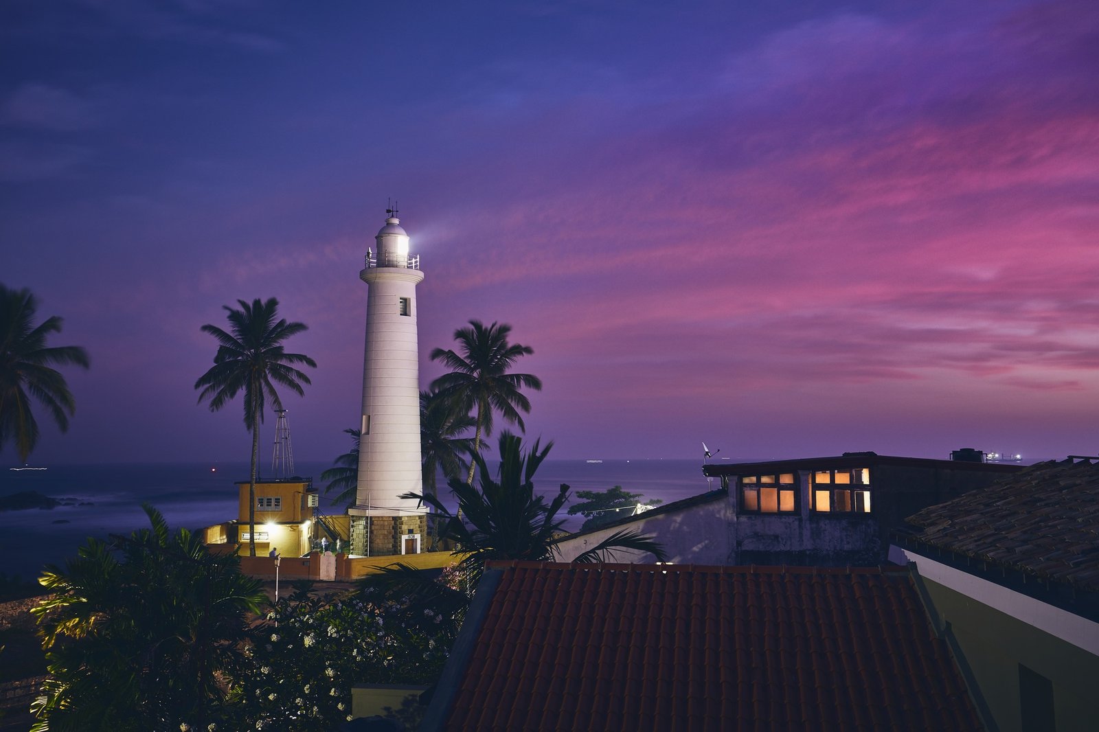 Lighthouse in fort in Galle. Old town in Sri Lanka at sunset.
